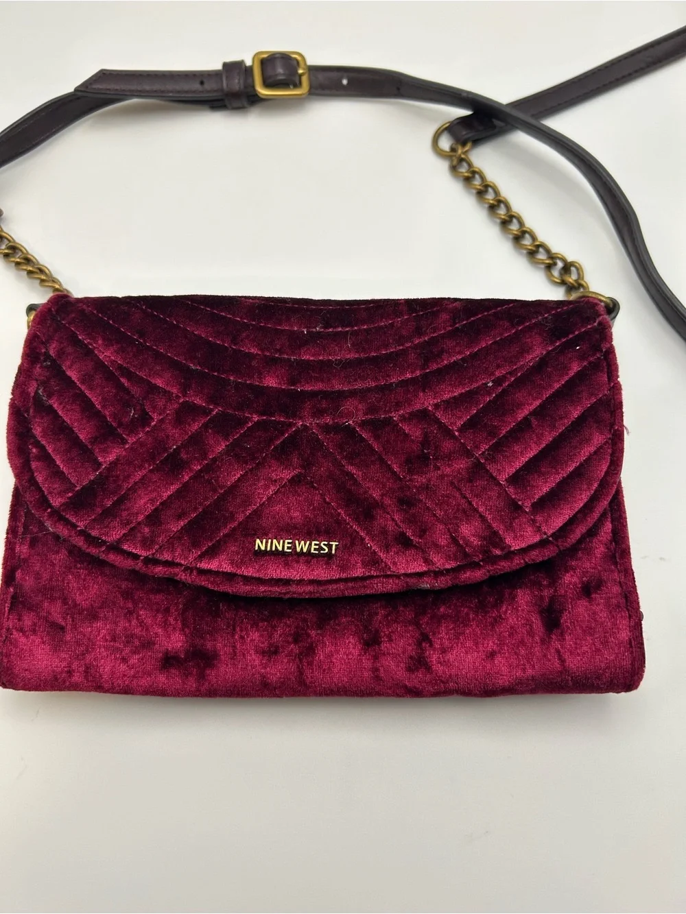 Nine West Quilted Velvet Crossbody Bag in Burgundy with Gold Hardware